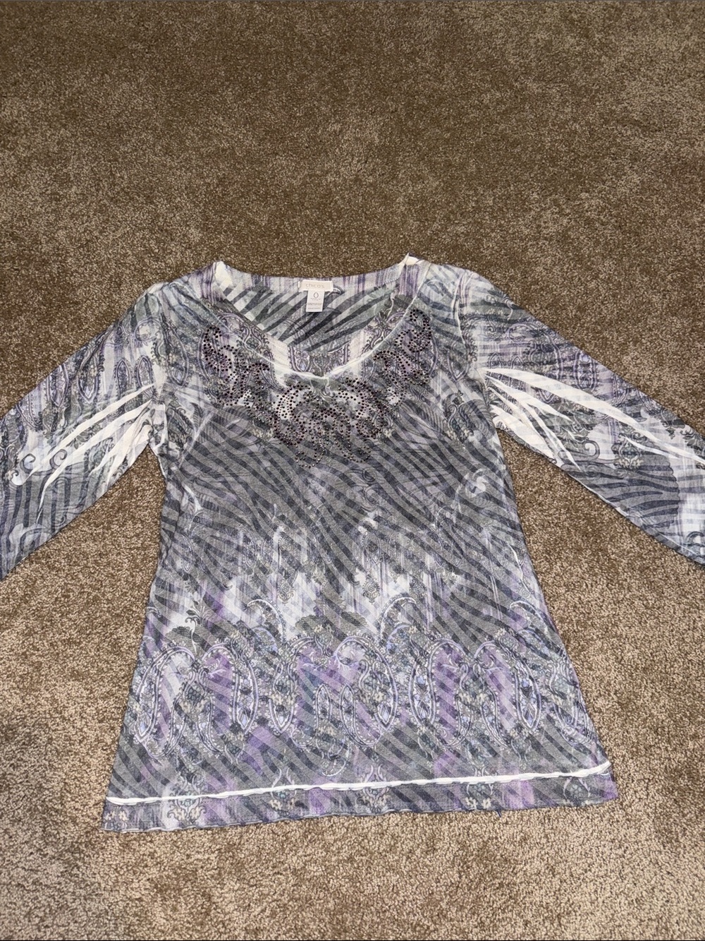 Chico's Gray and Purple Patterned Long Sleeve Tee With Rhinestone Detail - 0